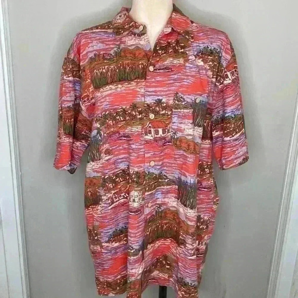 Island Republic L Beaches Huts Boats Palms Red Hawaiian Aloha Shirt Vintage - Picture 1 of 5